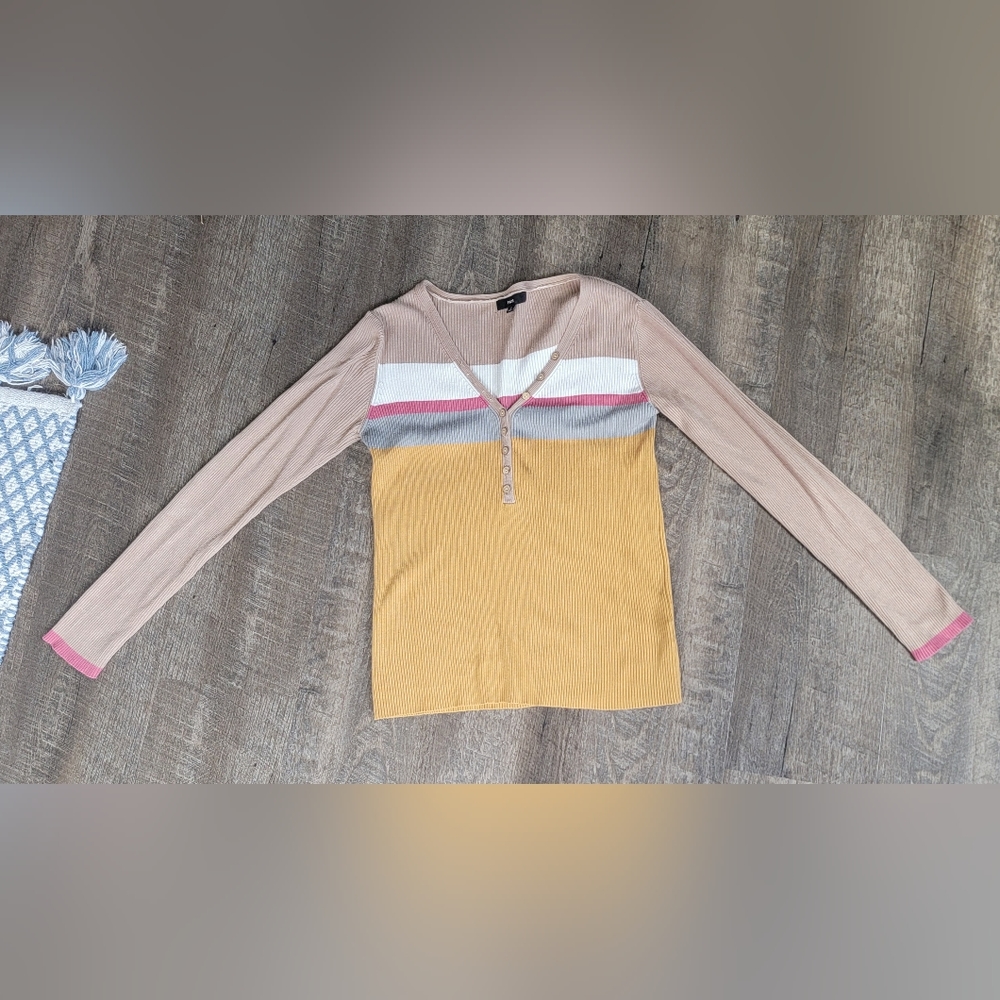 Fate Sweater Ribbed Women's S Yellow & Brown Heanly 1/4 Button Up Long-sleeved - Picture 5 of 12